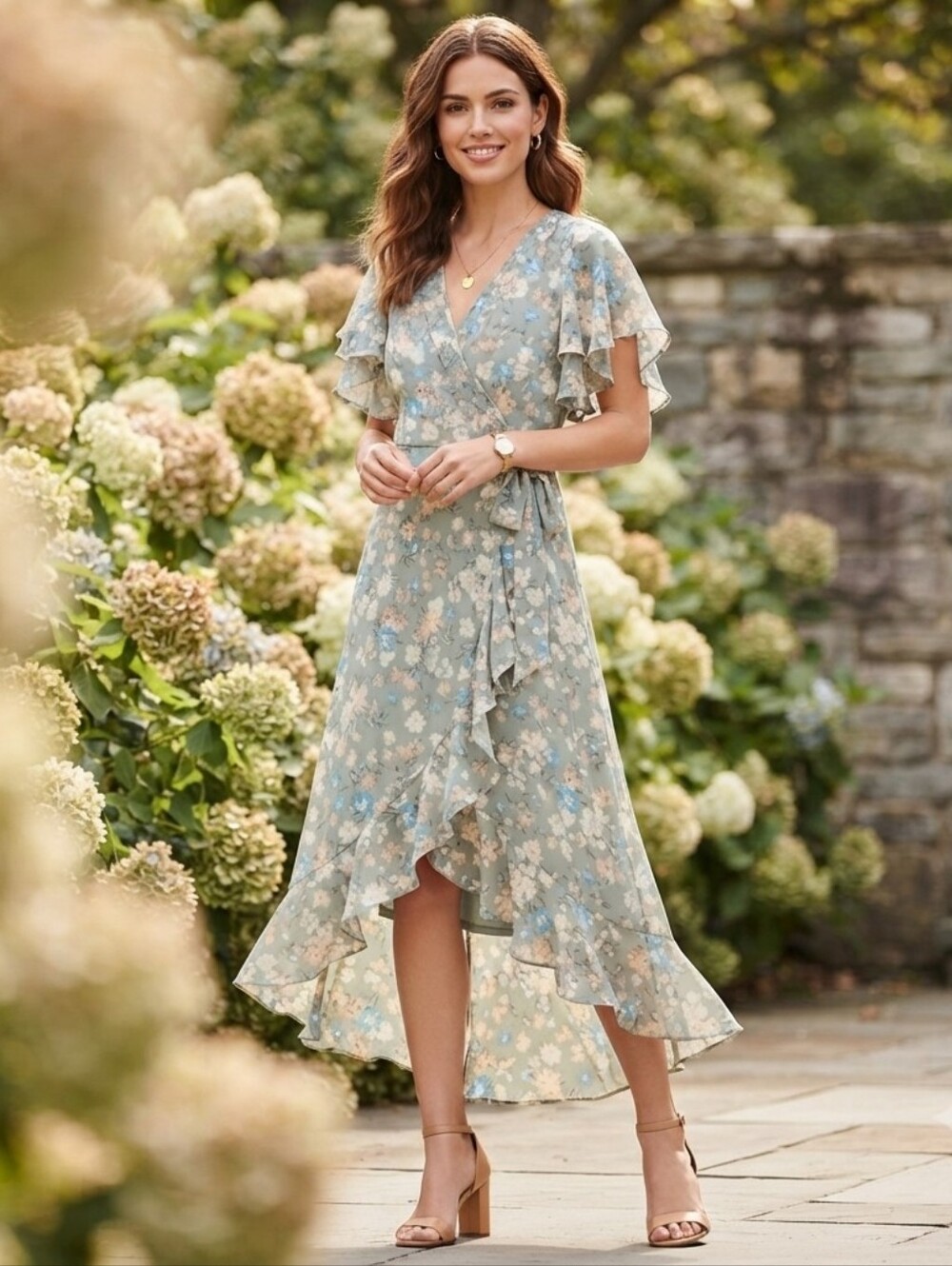 Calvin Klein Floral Ruffle Wrap Dress High Low Hem Pastel Spring Summer Size 10